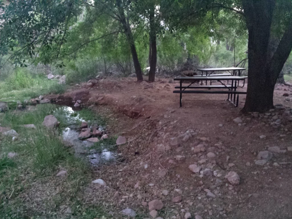 Fluss mit Bank im Schatten