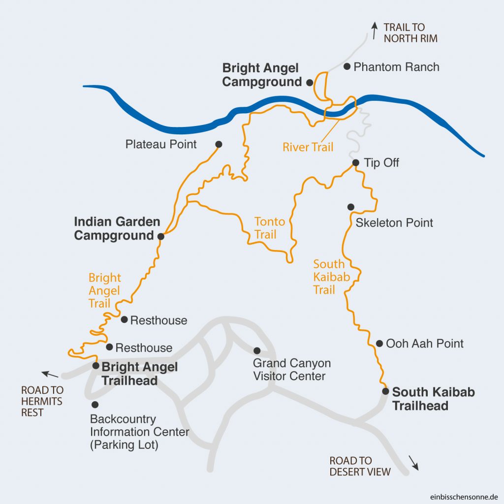 Karte meiner Trekkingroute im Grand Canyon