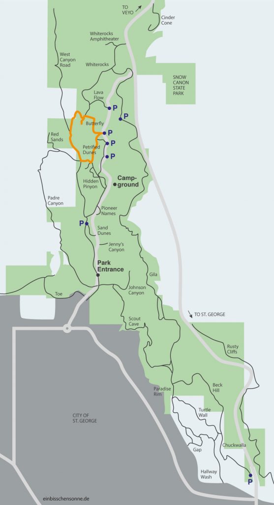 Eine Karte des Snow Canyon State Park mit meiner Wanderung