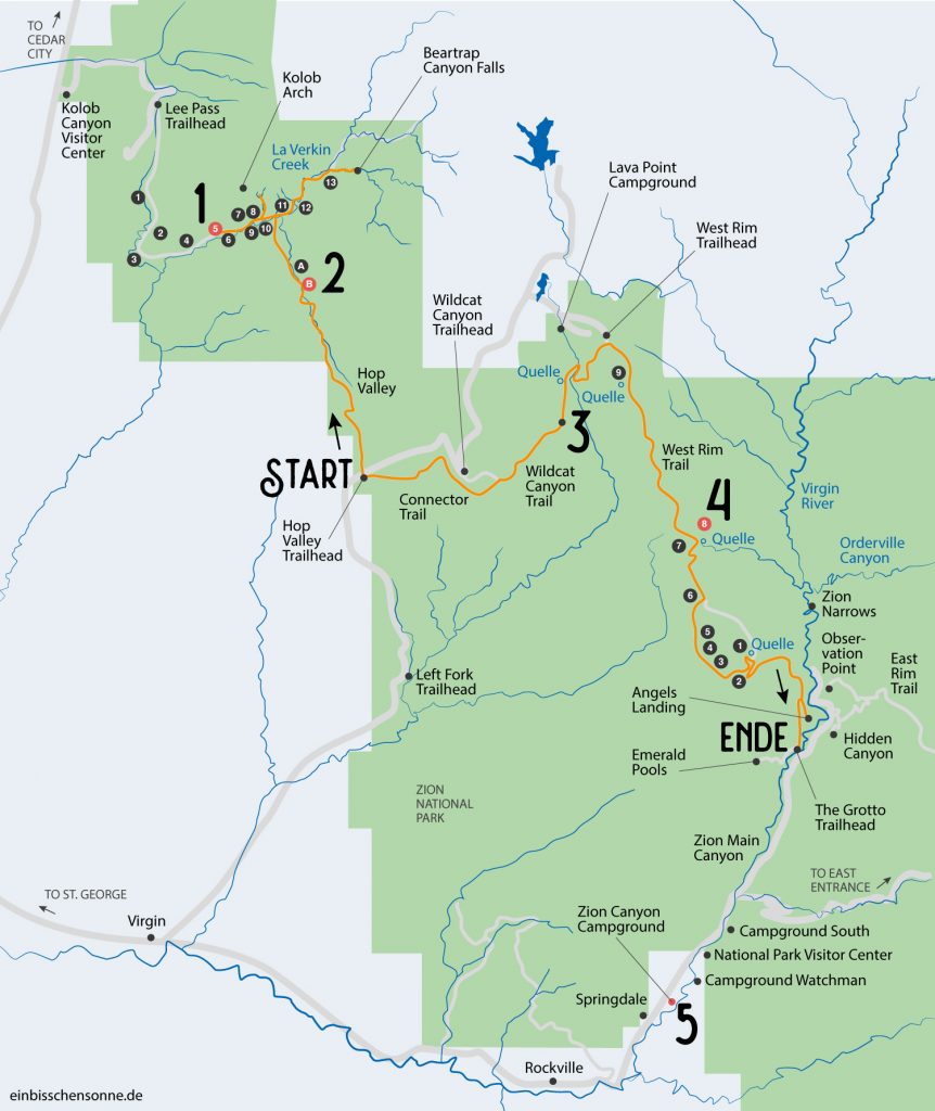 Karte meiner Trekkingtour im Zion Nationalpark