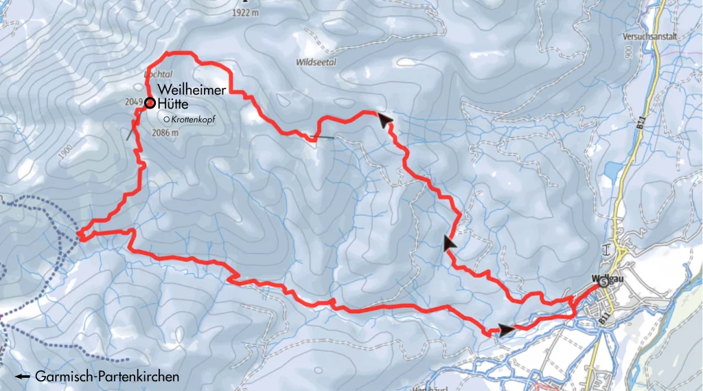 Der Routenverlauf zur Weilheimer Hütte auf einer Karte