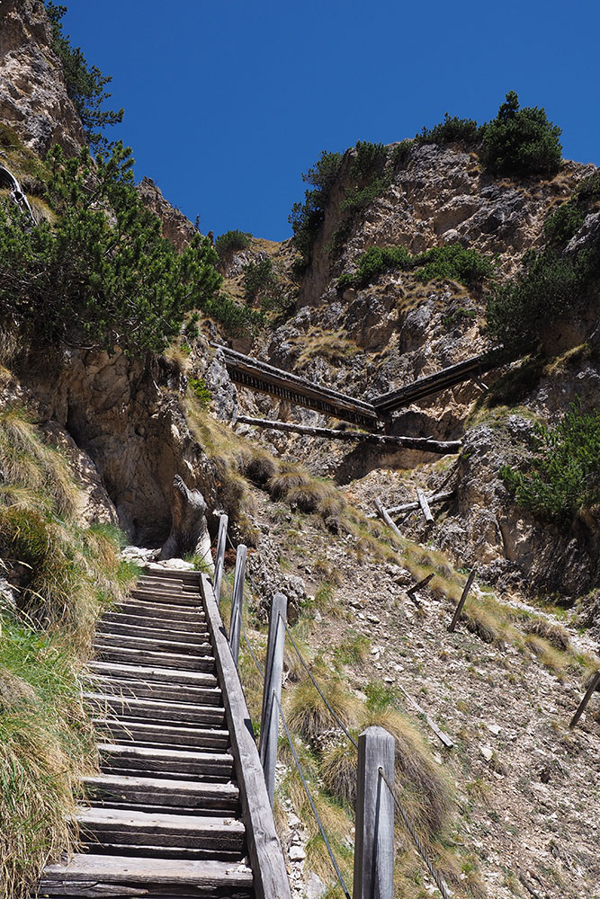 steile Holztreppen führen die Wanderer über eine Bergschlucht