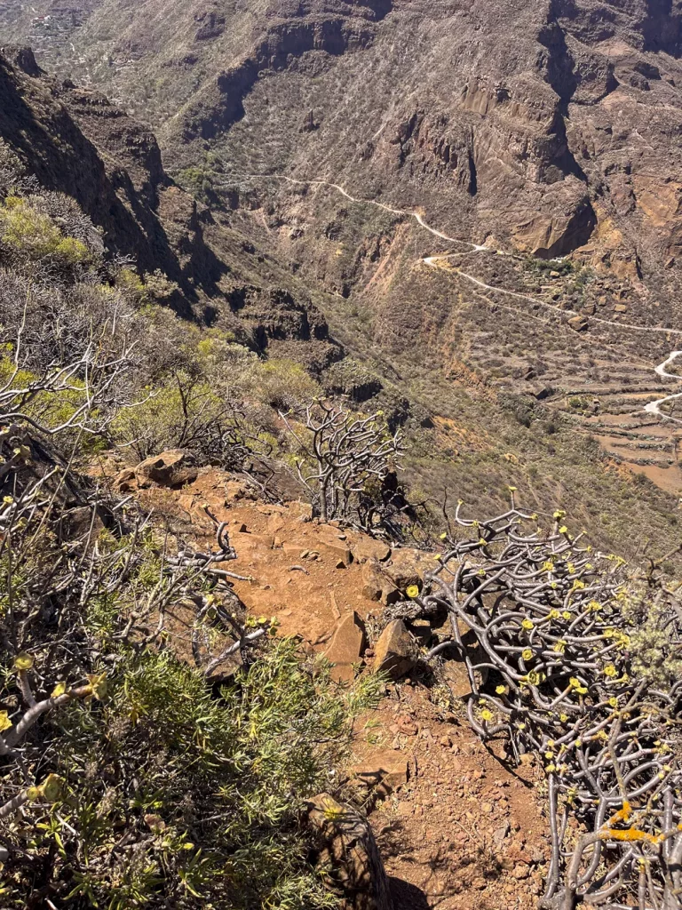Steiler Abstieg auf der Gran Canaria Inseldurchquerung nahe Montaña de las Tierras